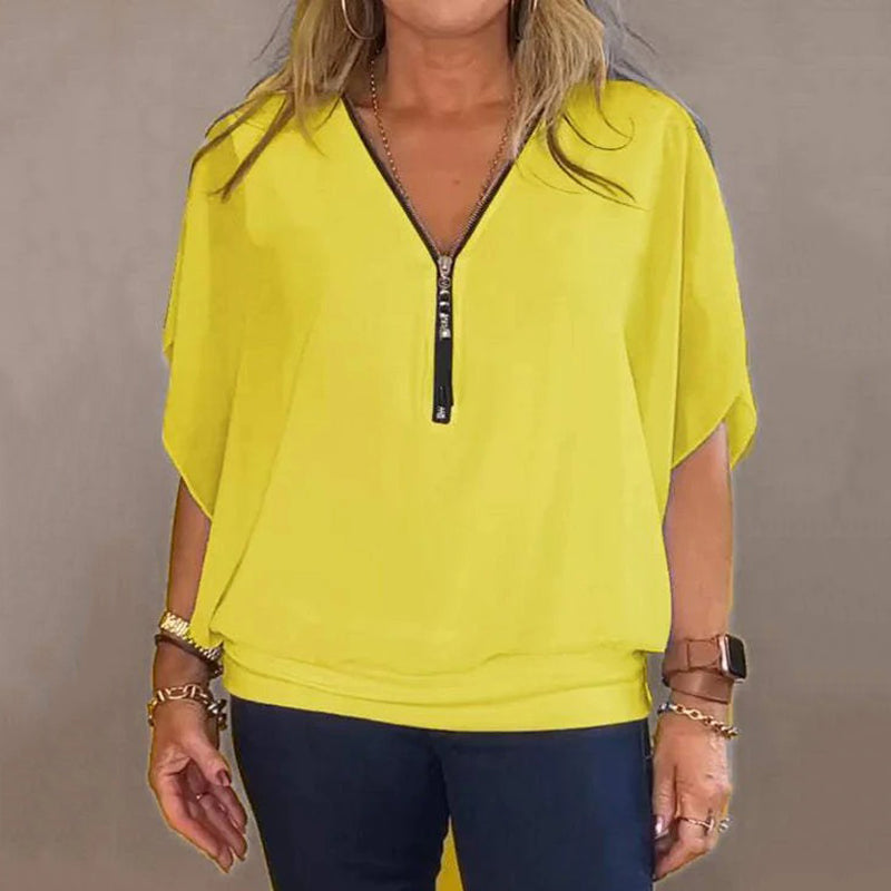 Celia Chiffon Top | Lightweight Zip-Up V Neck Blouse for Women 4
