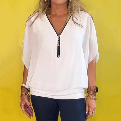 Celia Chiffon Top | Lightweight Zip-Up V Neck Blouse for Women 6