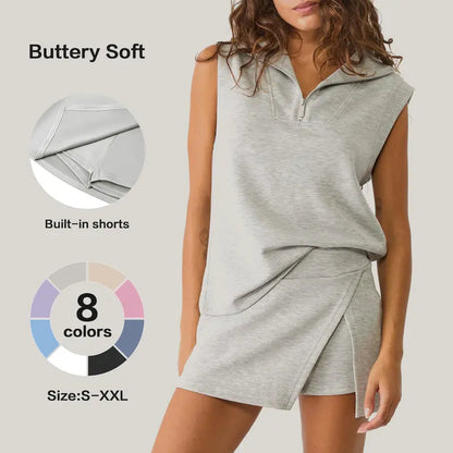 Clara Women's Skirt Set | Sleeveless Half-Zip Sweatshirt & Athletic Skorts, Summer Ready 2 Piece Skirt Set 1
