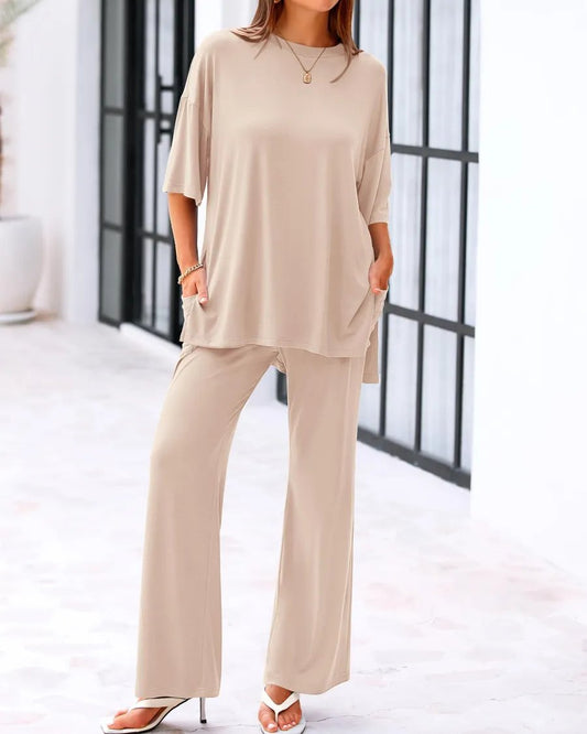 Cleo Casual Set | Loose-Fit Top & Wide-Leg Pants with Pockets 0