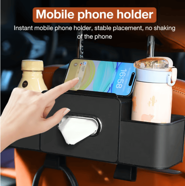 Cura Car Organizer | Waterproof Backseat Storage with Cup Holders and Tissue Box Slot