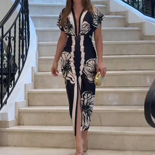 Diva Bodycon Maxi Dress | Deep V Neck, Bold Print 0