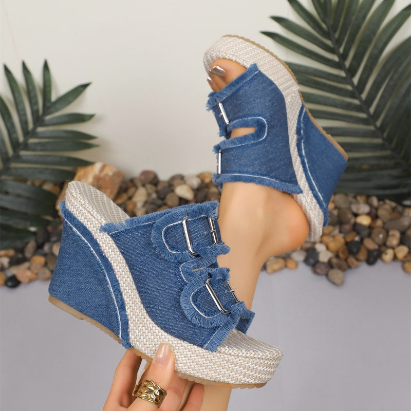 Diva Slide Sandals | Denim Fabric, Adjustable Belt Buckle, 10cm Platform 0