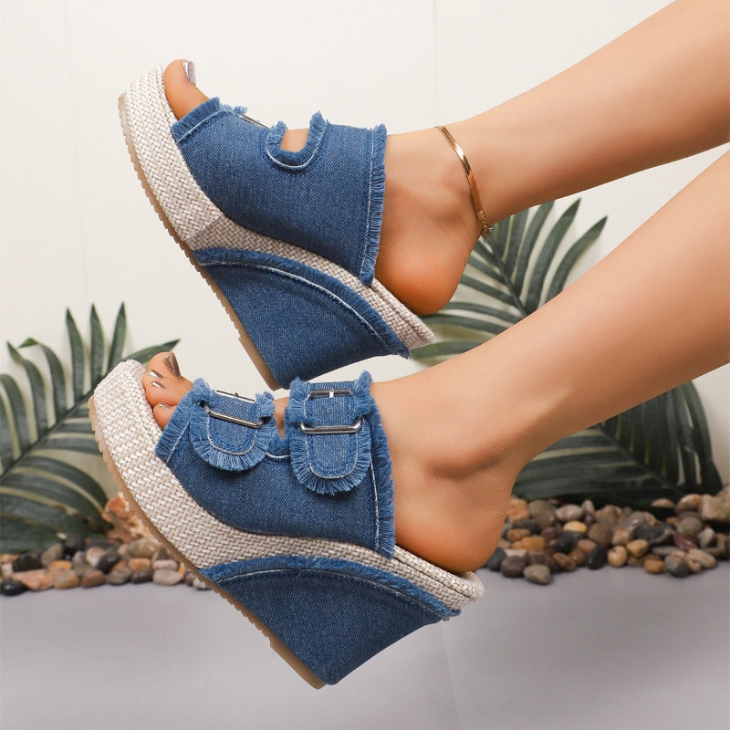 Diva Slide Sandals | Denim Fabric, Adjustable Belt Buckle, 10cm Platform 1