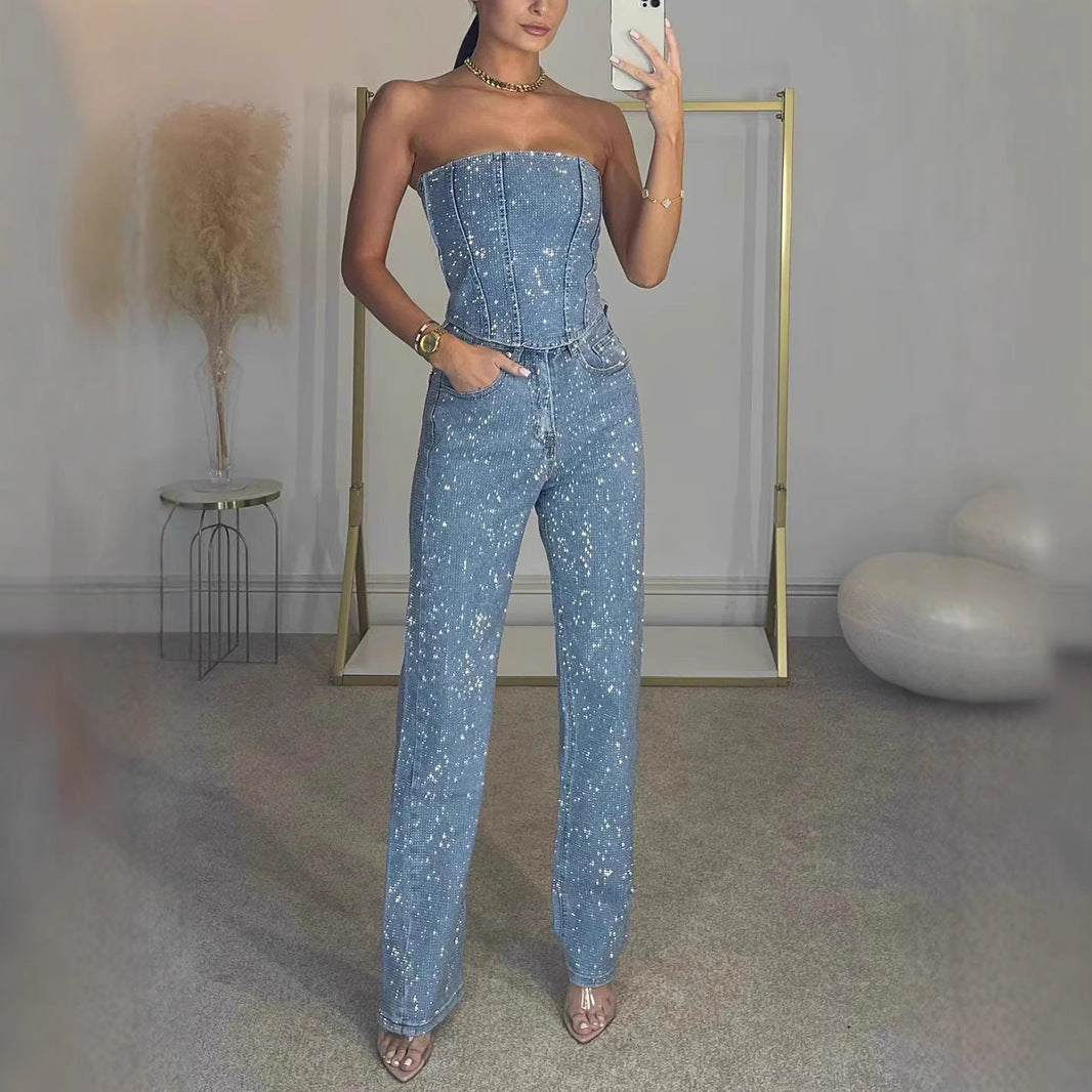Elysia Off-Shoulder Pants Suit | Sparkling Diamond Design 1