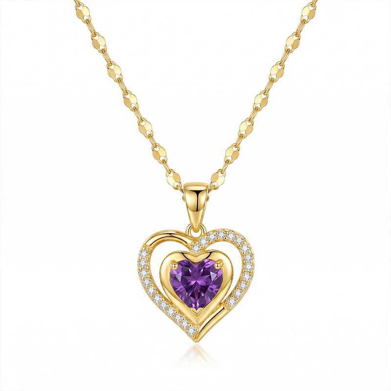 Elysian Heart Necklace | Double Heart Design, Purple Rhinestone Accents