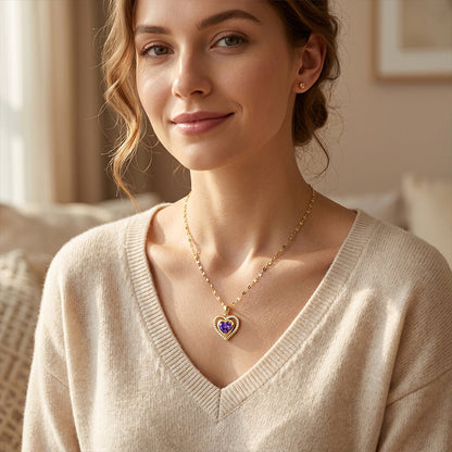 Elysian Heart Necklace | Double Heart Design, Purple Rhinestone Accents 2