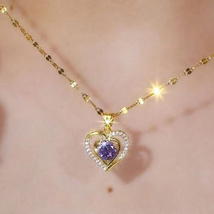 Elysian Heart Necklace | Double Heart Design, Purple Rhinestone Accents 7