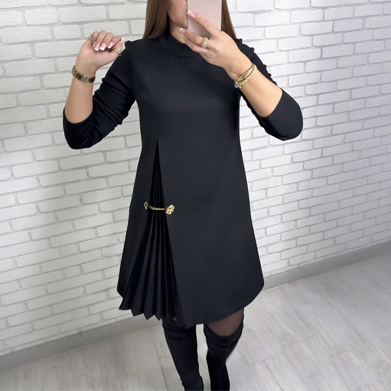 Elysian Pleated Dress | A-Line, Long Sleeve Black Midi Dress for Women 0