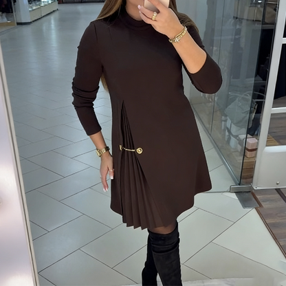 Elysian Pleated Dress | A-Line, Long Sleeve Black Midi Dress for Women 1