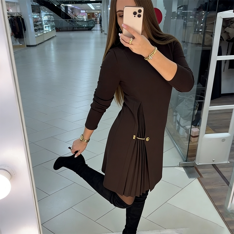 Elysian Pleated Dress | A-Line, Long Sleeve Black Midi Dress for Women 3
