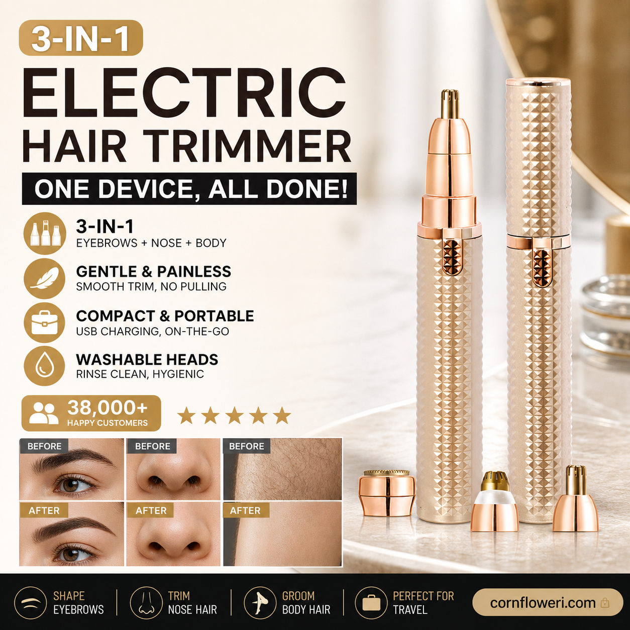 Evara Electric Eyebrow Trimmer | USB Rechargeable, Interchangeable Heads, Ergonomic Design 4