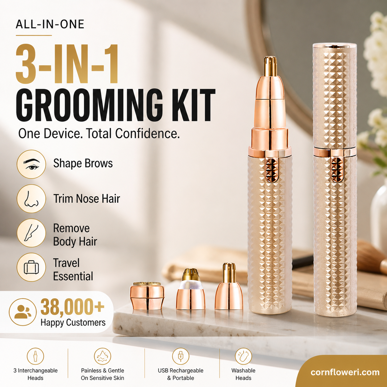 Evara Electric Eyebrow Trimmer | USB Rechargeable, Interchangeable Heads, Ergonomic Design 5