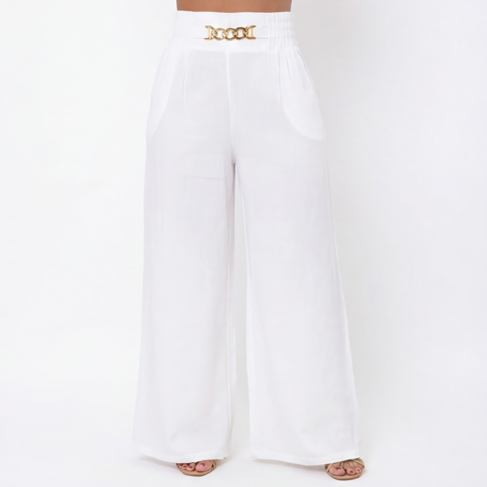 Florena Wide Leg Trousers | High Waist with Gold Chain Accent 0
