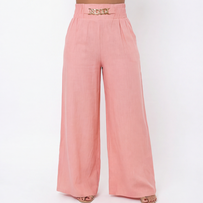 Florena Wide Leg Trousers | High Waist with Gold Chain Accent 10
