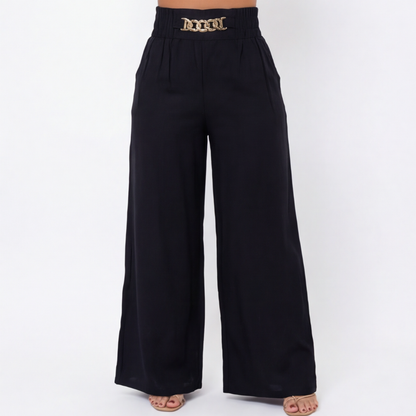 Florena Wide Leg Trousers | High Waist with Gold Chain Accent 11