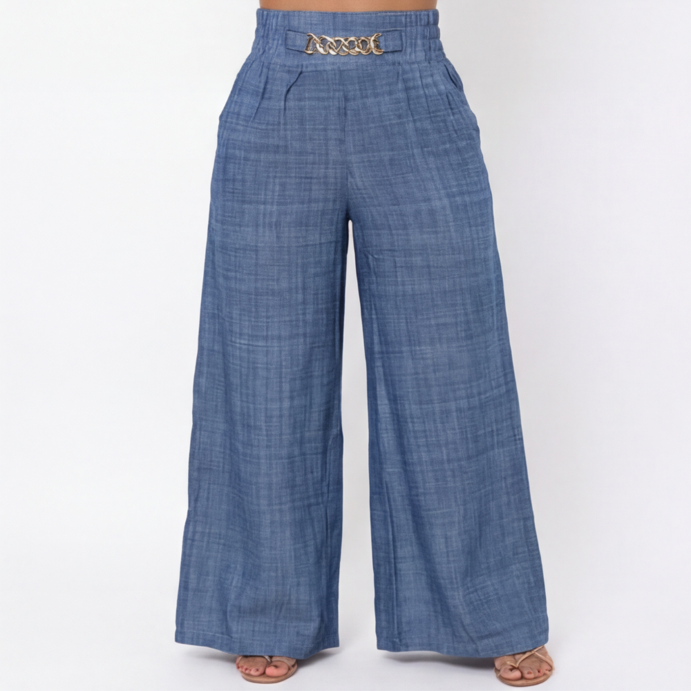 Florena Wide Leg Trousers | High Waist with Gold Chain Accent 12