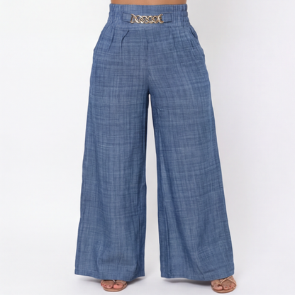 Florena Wide Leg Trousers | High Waist with Gold Chain Accent 12