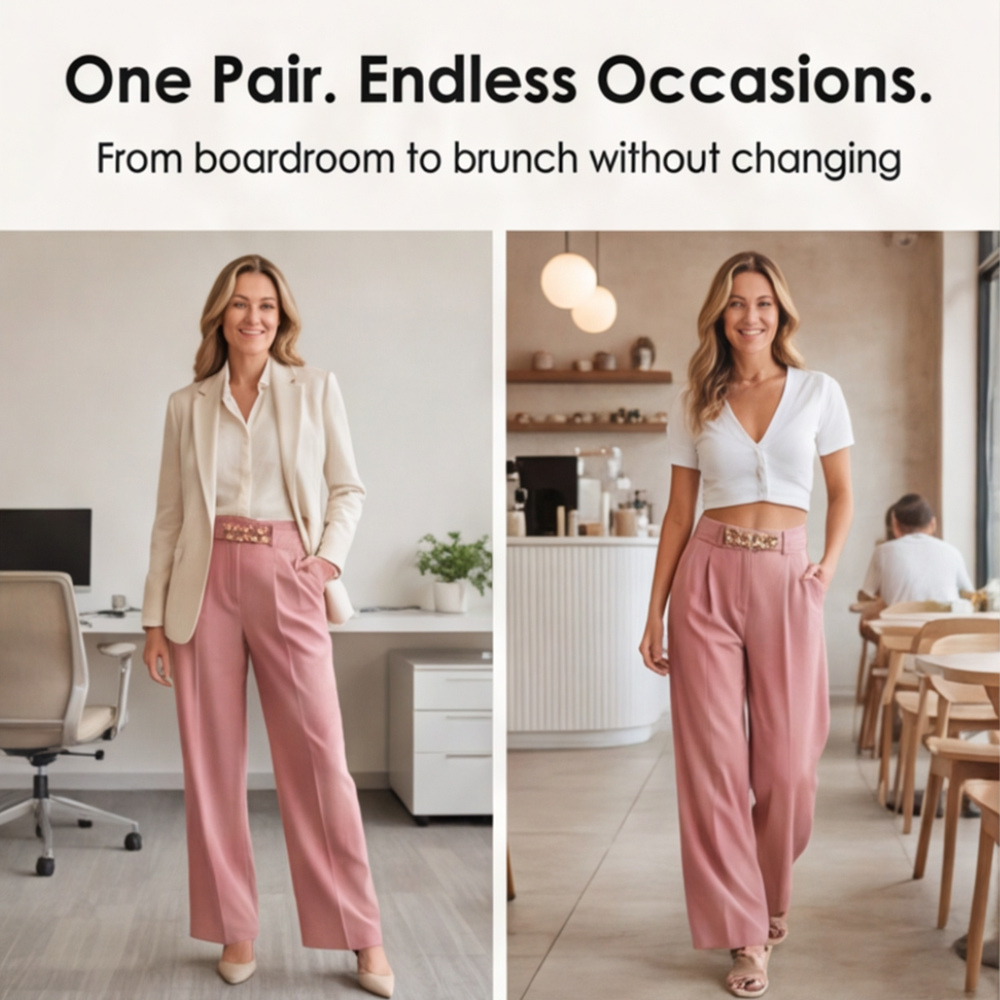 Florena Wide Leg Trousers | High Waist with Gold Chain Accent 7