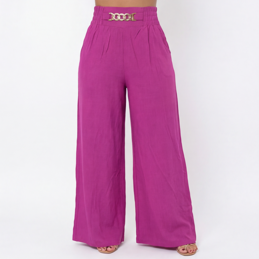 Florena Wide Leg Trousers | High Waist with Gold Chain Accent 9