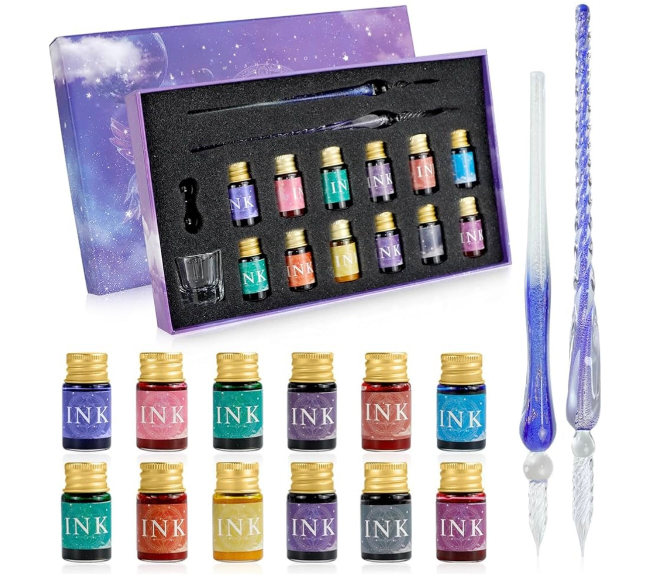 Sereli CrystalDip — Stylo en verre borosilicaté avec encre arc-en-ciel pour art éblouissant