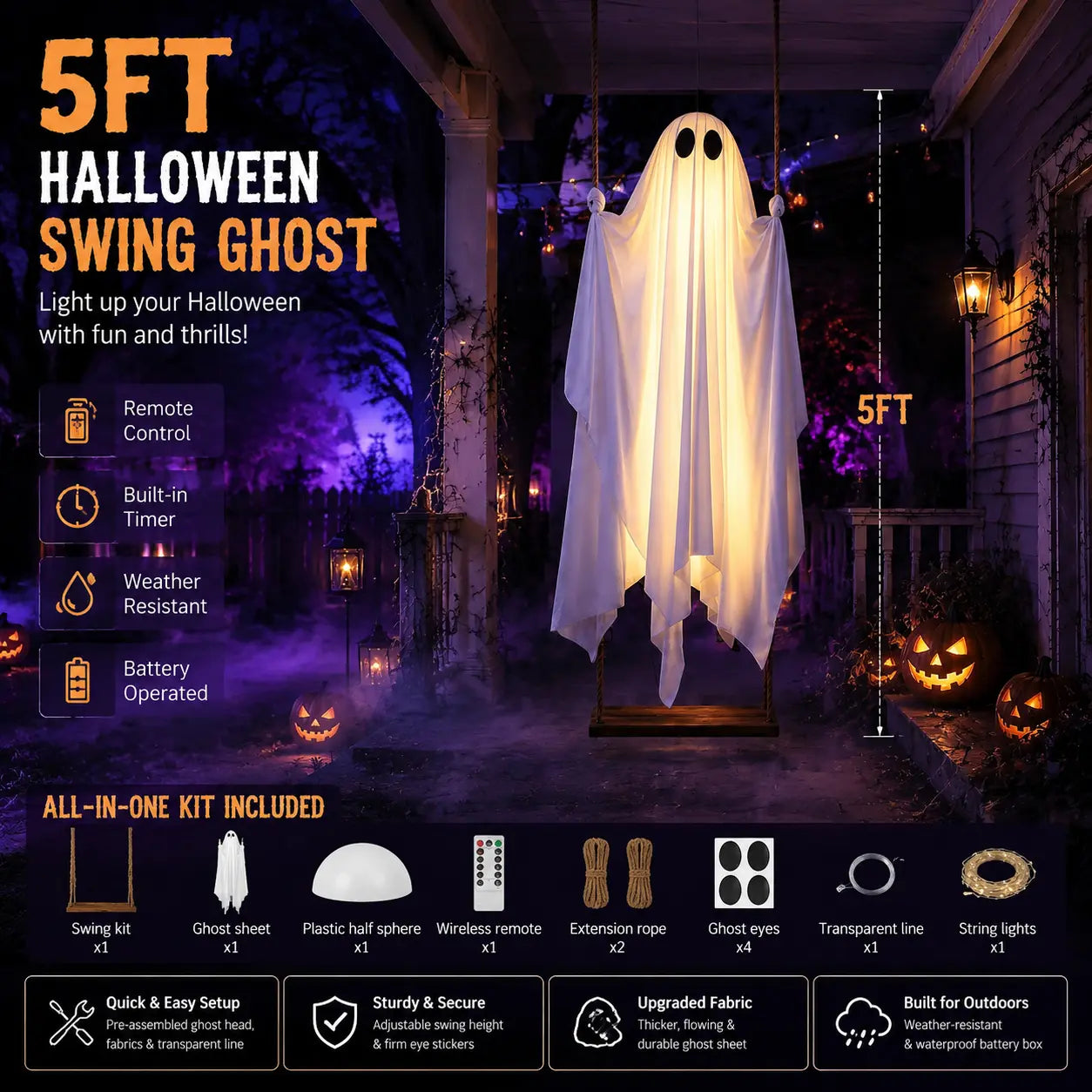 Glimmer Ghost Swing | Battery-Powered Halloween Decoration with Remote Control 3