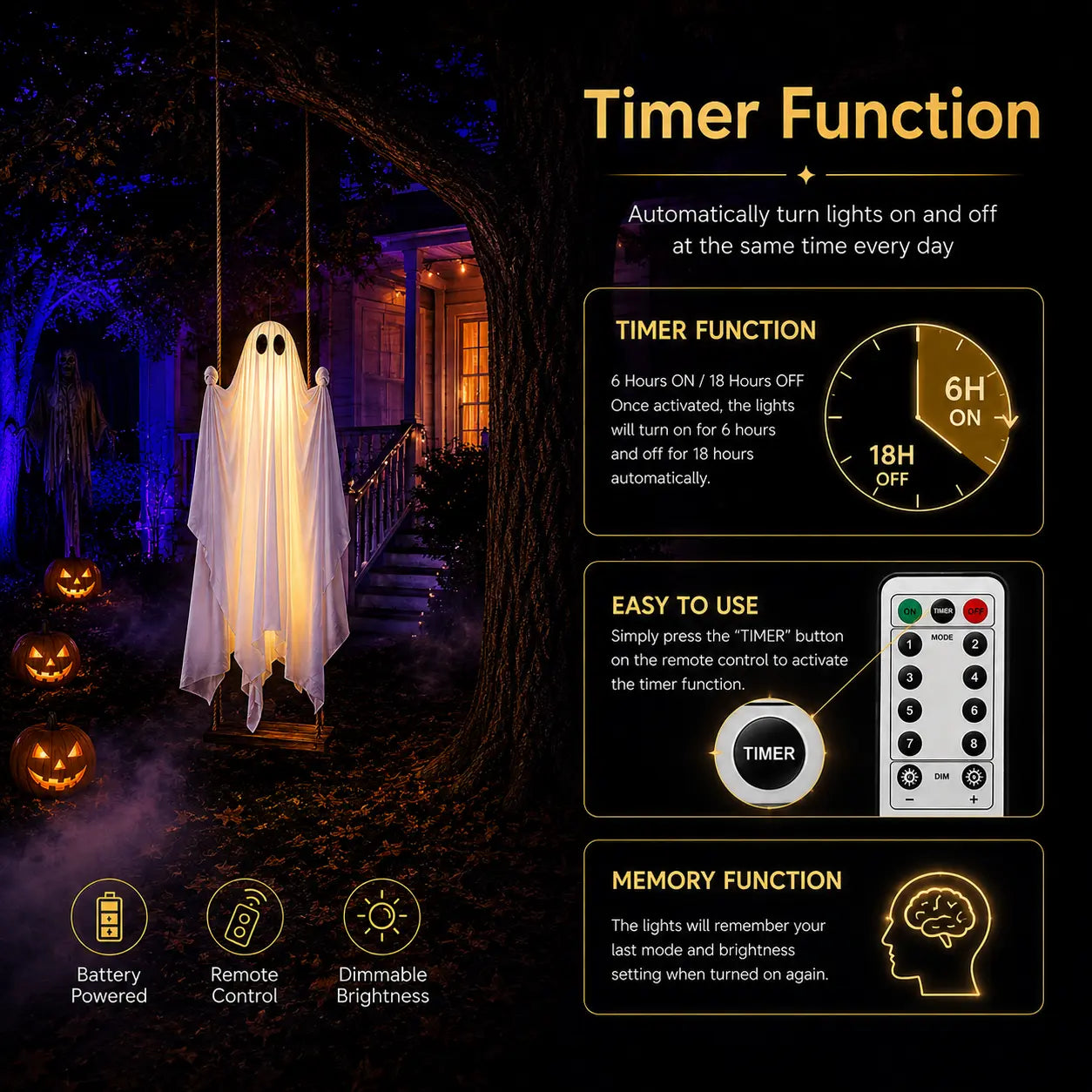 Glimmer Ghost Swing | Battery-Powered Halloween Decoration with Remote Control 5
