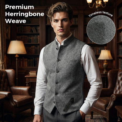 Harrison Herringbone Waistcoat | Stand Collar, Modern Fit, Silver, Polyester Fiber 2
