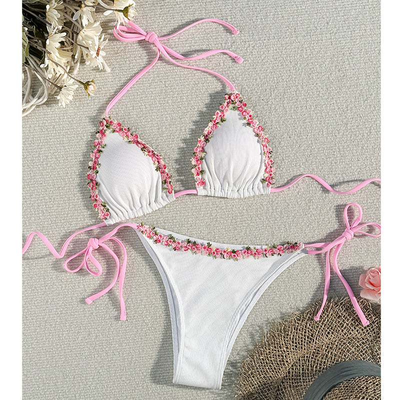 Bikini Haven | Halter Regolabile con Rifiniture Floreali, Tessuto Costine Confortevole