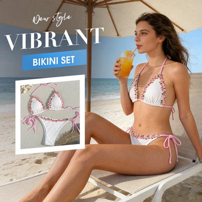 Haven Bikini Set | Adjustable Halter with Floral Trim, Comfortable Ribbed Fabric 1
