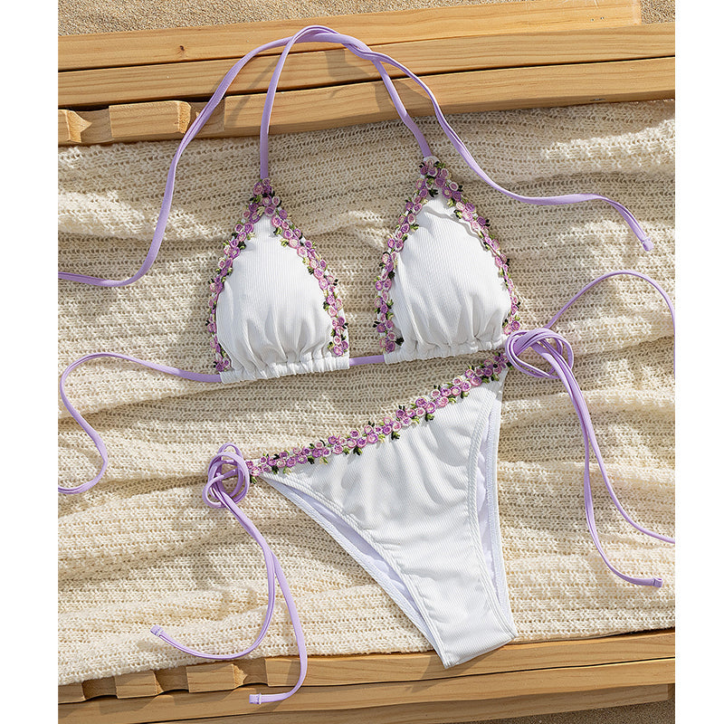 Haven Bikini Set | Adjustable Halter with Floral Trim, Comfortable Ribbed Fabric 10