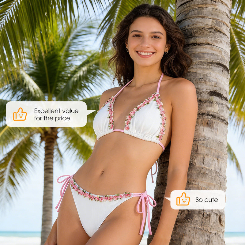 Haven Bikini Set | Adjustable Halter with Floral Trim, Comfortable Ribbed Fabric 5