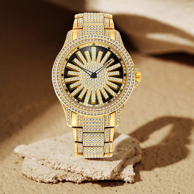 Iced-Out Men's Watch | Gold Quartz with Rotating Dial 0