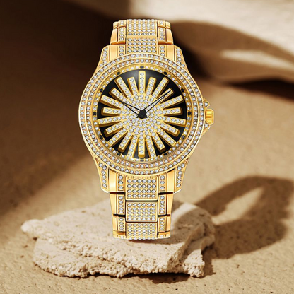 Iced-Out Men's Watch | Gold Quartz with Rotating Dial 0