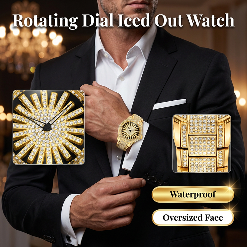 Iced-Out Men's Watch | Gold Quartz with Rotating Dial 1