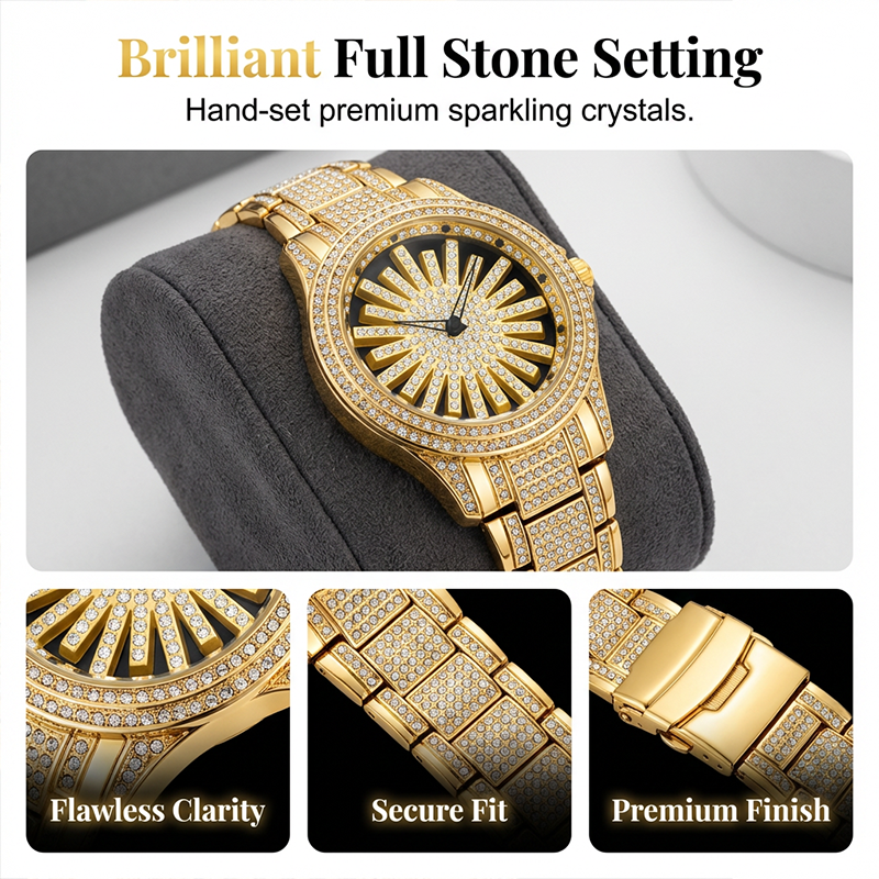 Iced-Out Men's Watch | Gold Quartz with Rotating Dial 3