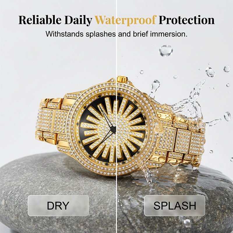 Iced-Out Men's Watch | Gold Quartz with Rotating Dial 4
