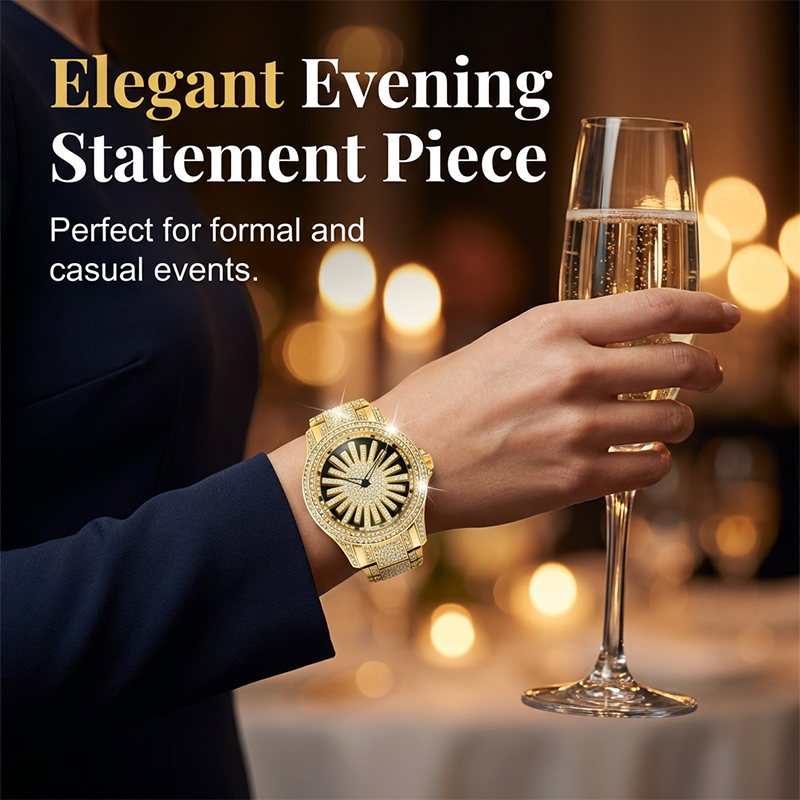 Iced-Out Men's Watch | Gold Quartz with Rotating Dial 6