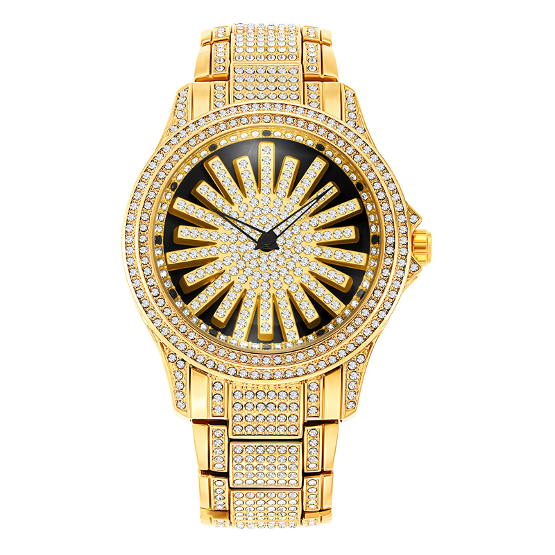 Iced-Out Men's Watch | Gold Quartz with Rotating Dial 8