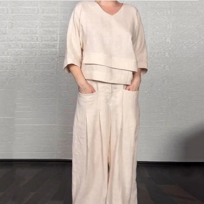 Iris Casual Pants Set | Cotton-Linen Blend, Asymmetric Hem
