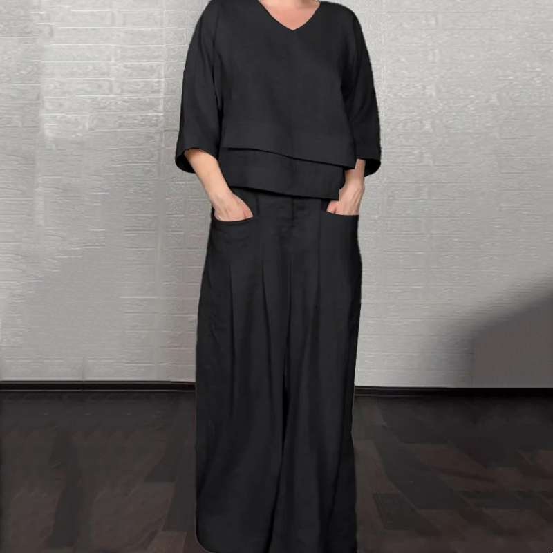 Iris Casual Pants Set | Cotton-Linen Blend, Asymmetric Hem 1