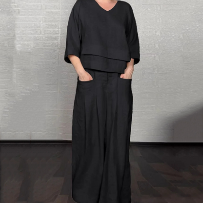 Iris Casual Pants Set | Cotton-Linen Blend, Asymmetric Hem 1