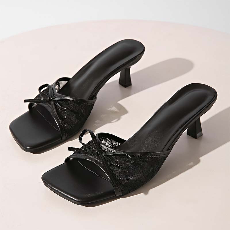 Lana Women's Mules | Lace Upper, Bow Accent, Slip-On Kitten Heel 0