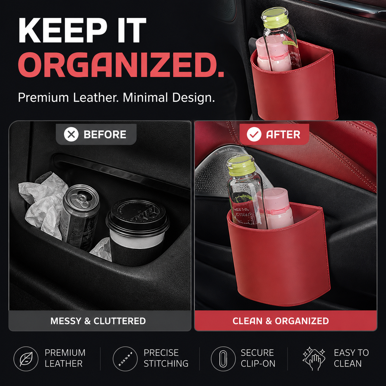Liora Car Cup Holder | PU Leather, Wide-Mouth Opening, Phone Storage 1