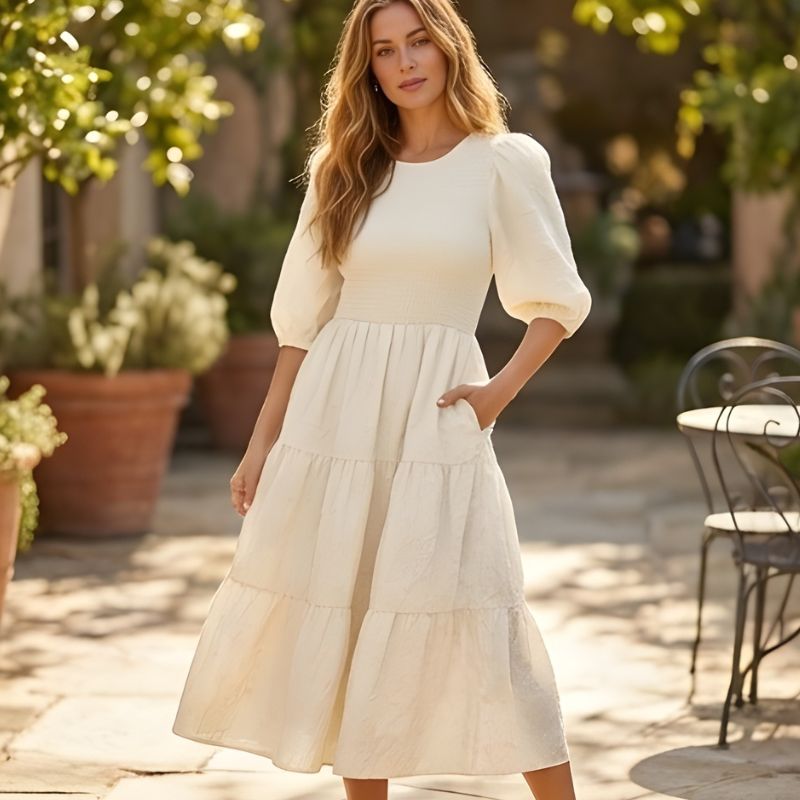 Luna Puff Sleeve Dress | Embossed Floral Jacquard 1