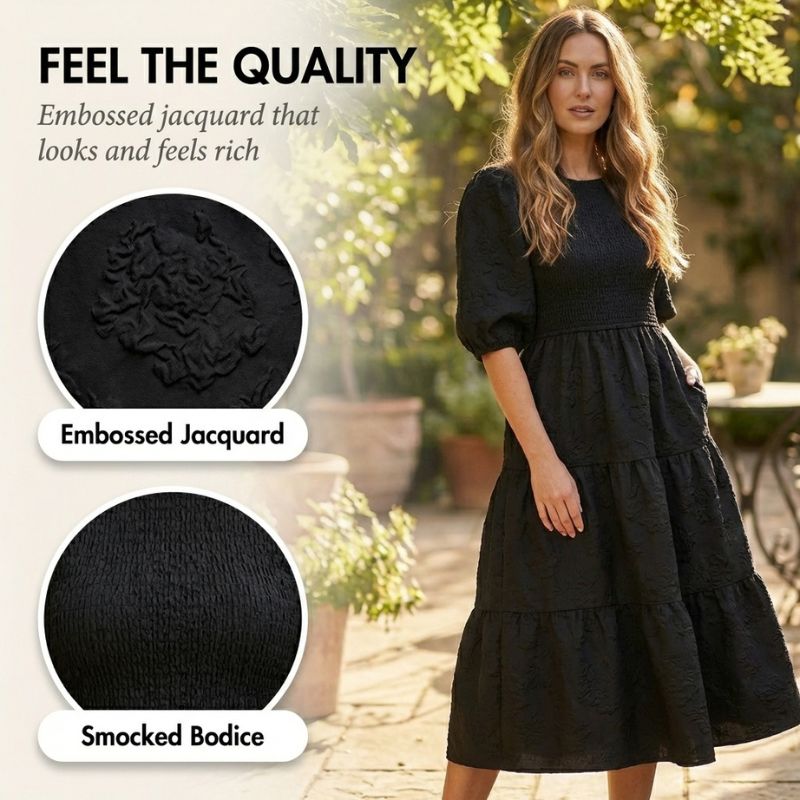 Luna Puff Sleeve Dress | Embossed Floral Jacquard 6