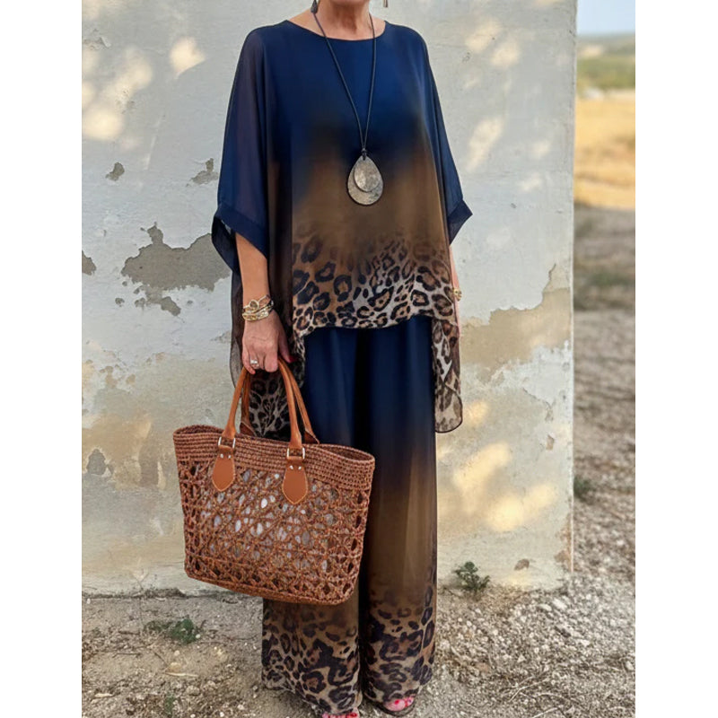Luna Kvinders Sæt | Gradient Leopardprint Loungewear, Løst Fit To-delt Sæt
