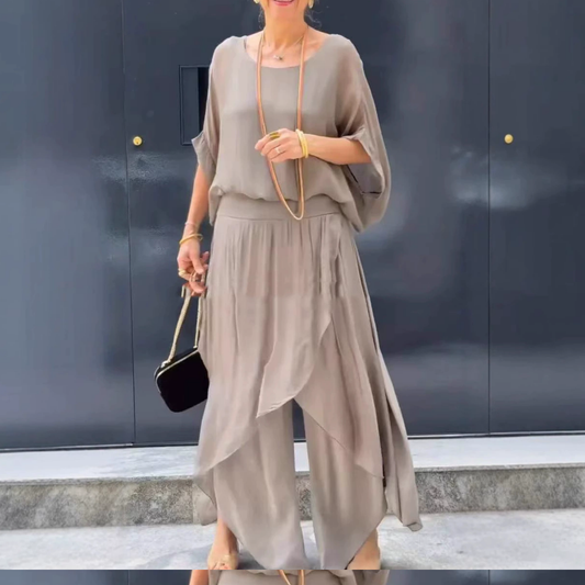 Luxe Chiffon Set | Loose Top & Slit Wide-Leg Pants 0