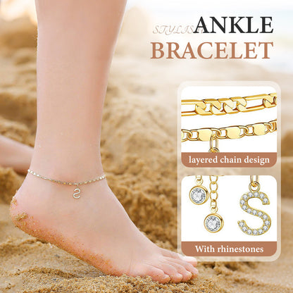 Luxe Layered Anklet | Gold Chain with Rhinestones, Adjustable Fit 1