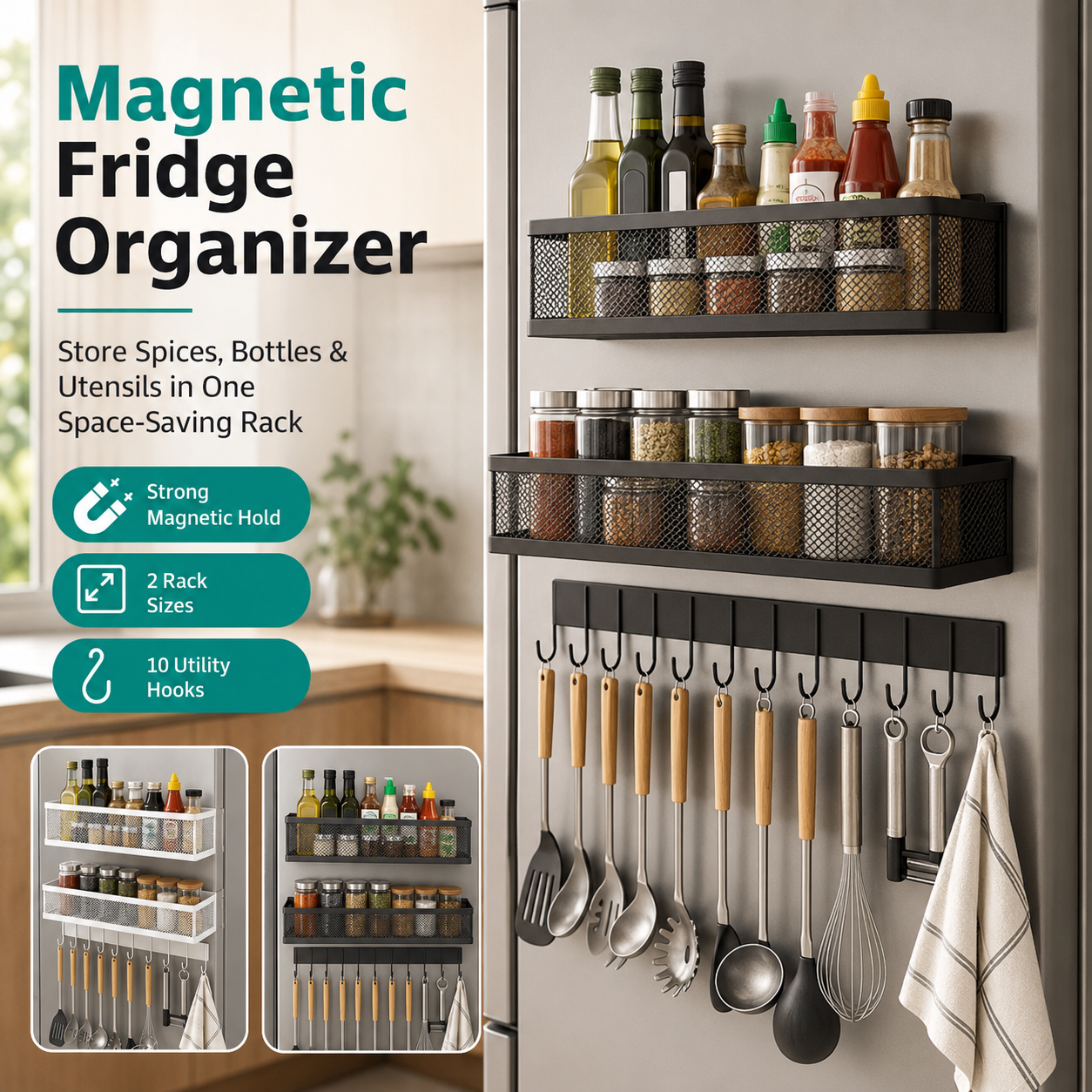 MagmaRack Kitchen Organizer | Magnetic Spice Rack with Hooks, Heavy-Duty Metal 1